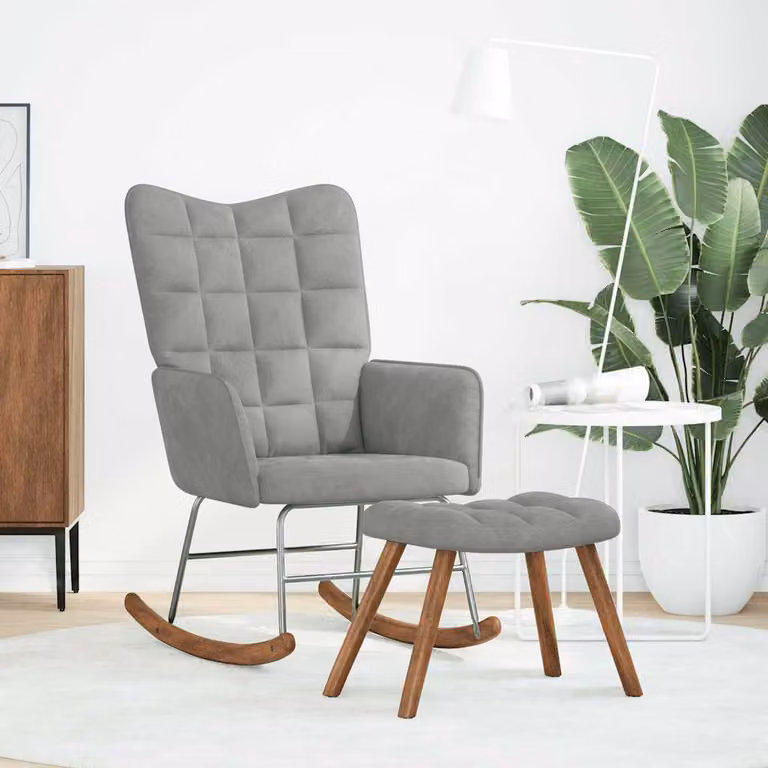 vidaXL Sedia a dondolo con sgabello in velluto grigio chiaro