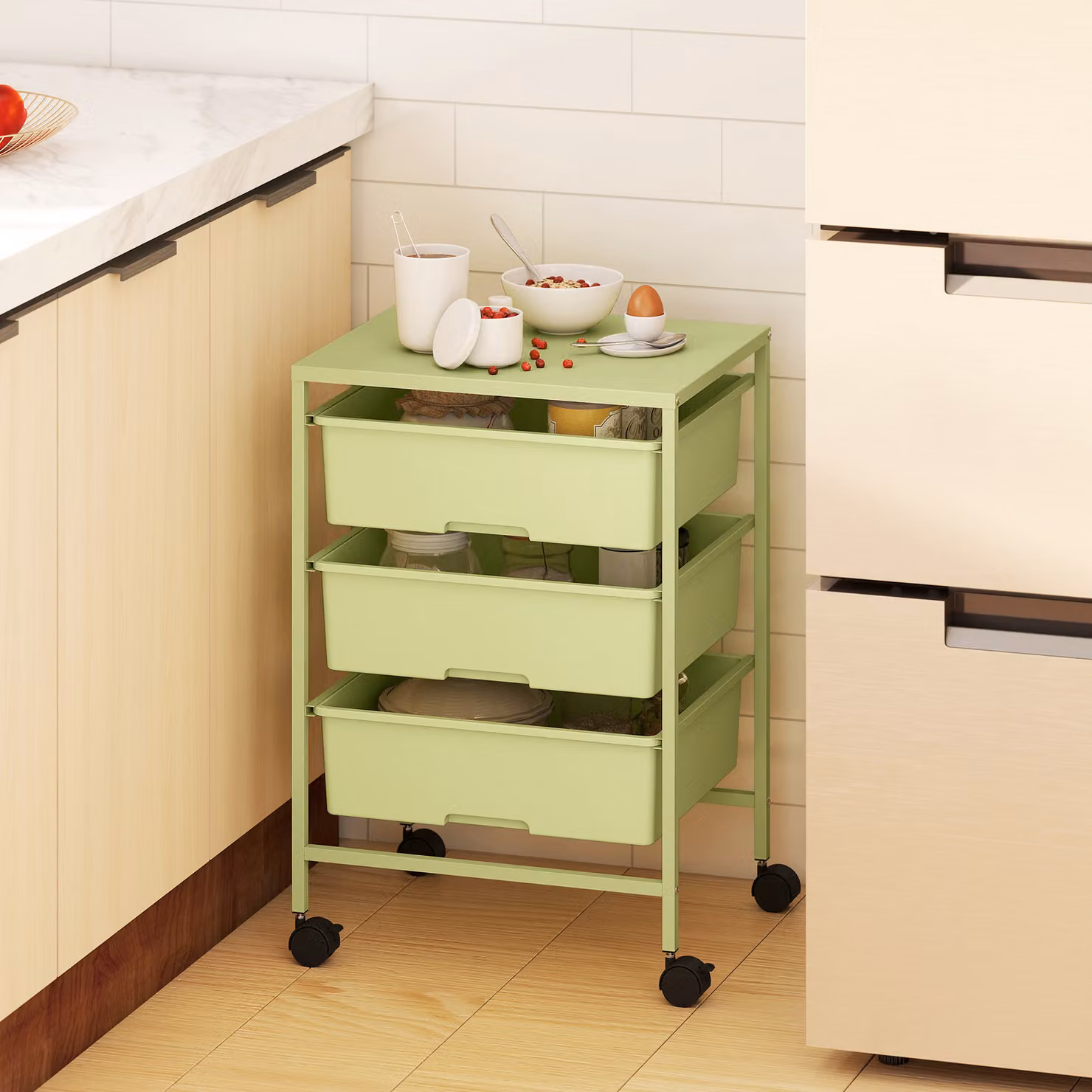 Carrello da cucina HOMCOM a 4 livelli con ruote e 3 ceste, colore verde, L 40,8 cm x P 33,5 cm x H 60,5 cm – 2