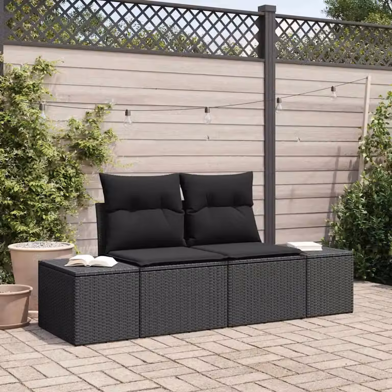 Divano da giardino moderno vidaXL in polyrattan nero con cuscini, L: 184 cm, P: 62 cm, H: 69 cm