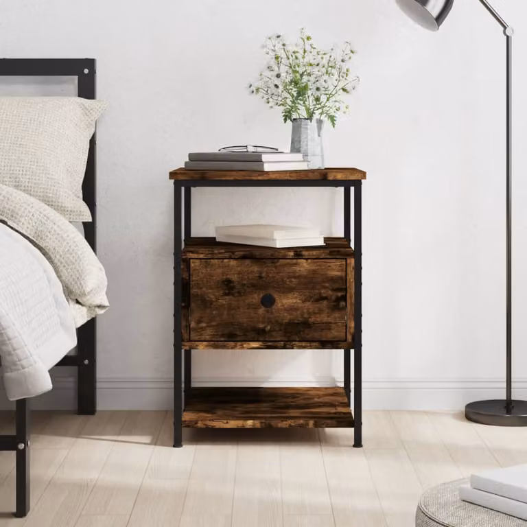 Comodino moderno vidaXL in legno multistrato rovere fumo, colore marrone, L 40 cm x P 42 cm x H 56 cm
