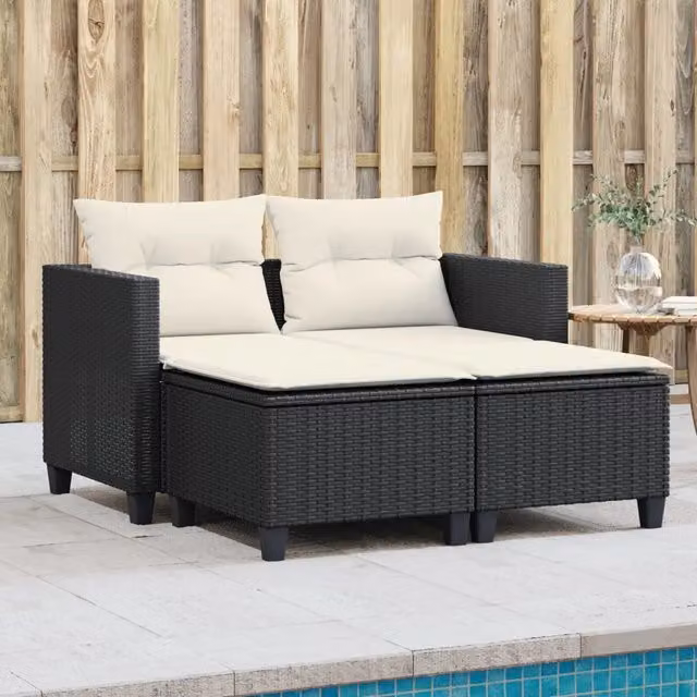 Divano da Giardino 2 Posti con Sgabelli-Sofa da Giardino-Divano da esterno Nero in Polyrattan 289891