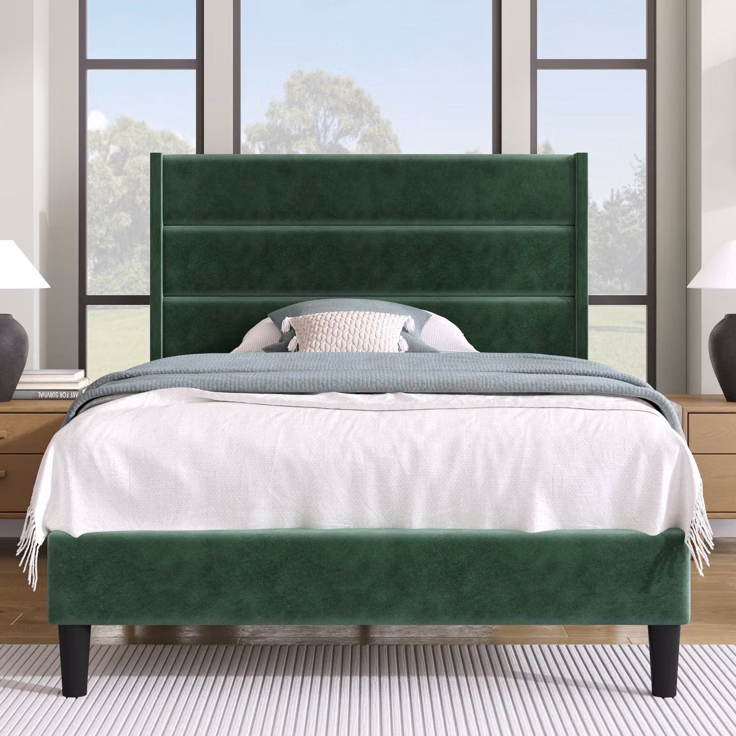 Letto imbottito Merax 90x200cm in velluto con rete a doghe e testata, verde scuro