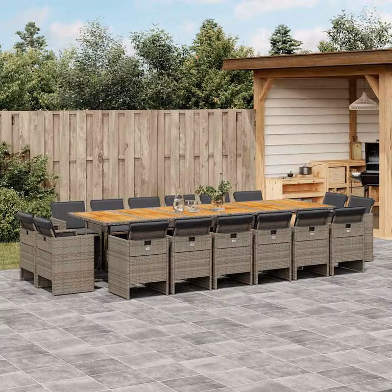 Set da pranzo da giardino vidaXL in polyrattan e legno di acacia con cuscini, 17 pezzi, grigio e marrone