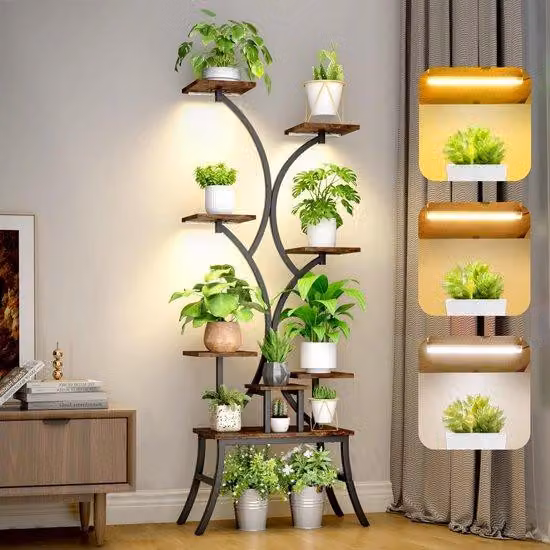 Azomor: elegante porta piante con illuminazione e otto ripiani per interni