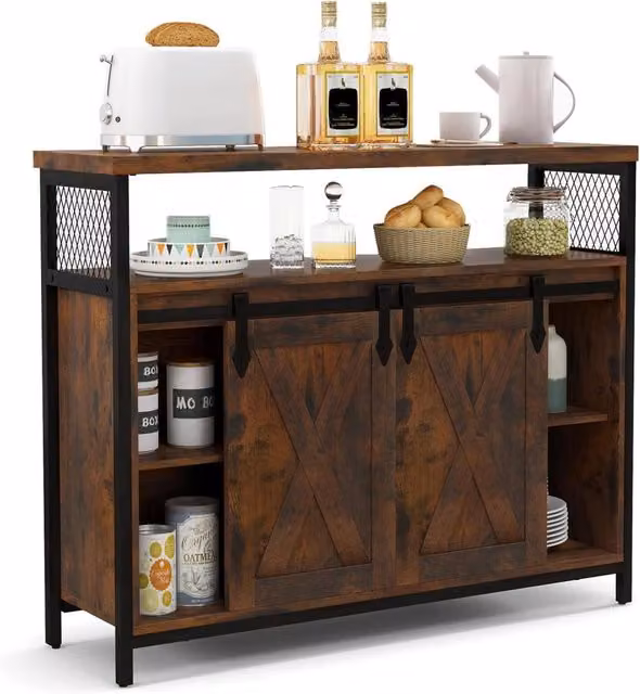 Costway Mobile credenza stile rustico con ante scorrevoli e ripiani regolabili, Marrone e Nero, L: 100 cm, P: 33 cm, H: 80 cm