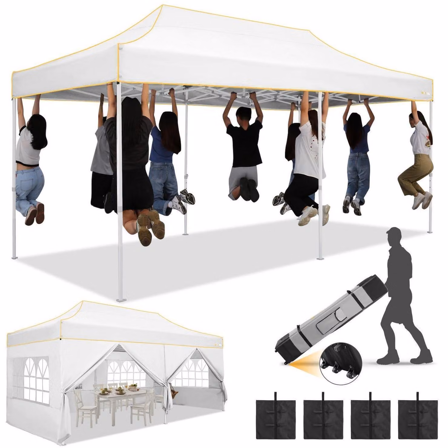 Gazebo pieghevole 3x6 metri, impermeabile, con 6 pannelli laterali, colore bianco