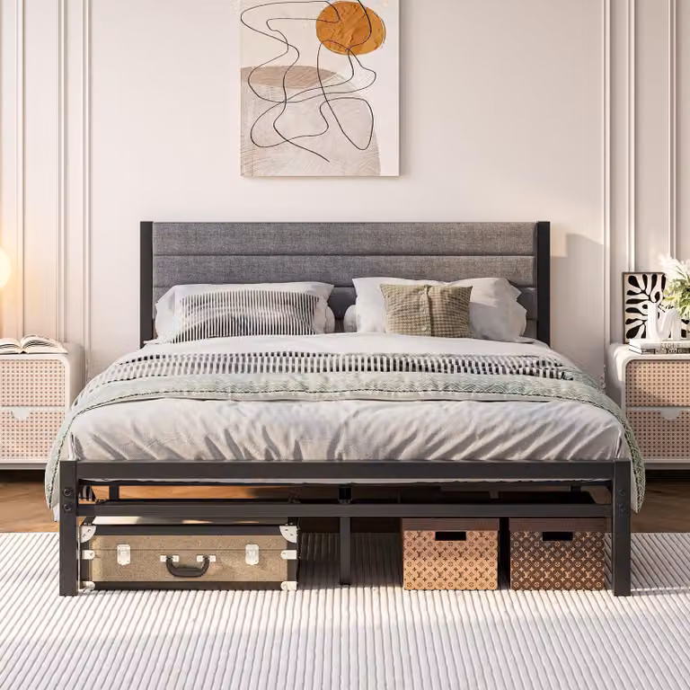 Letto 140x200 cm con rete a doghe, struttura in metallo, imbottito, colore grigio