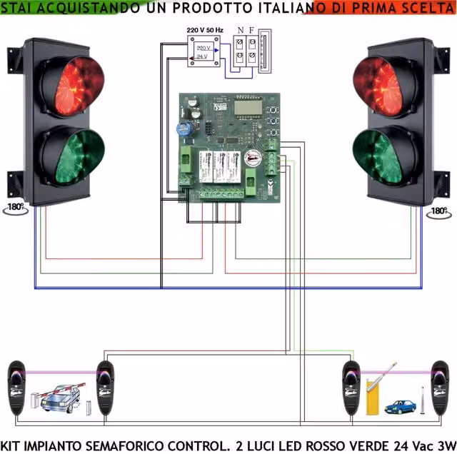 Kit 2 Semafori Orientabili a 180 Securvera con 24 Led Rossi e 24 Led Verdi, Lente Ø 124 mm, IP65, Alimentazione 24 Vac, per Rampa Garage