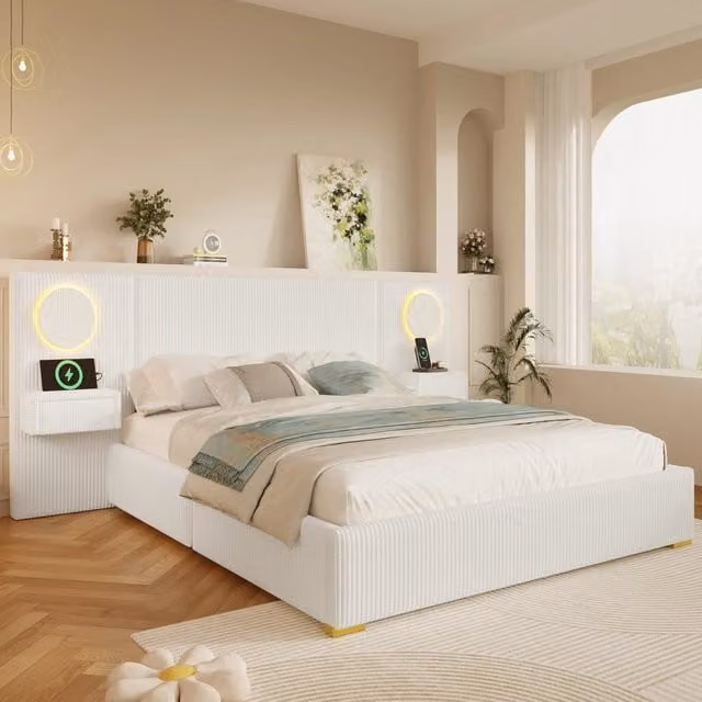Letto matrimoniale 180x200 in velluto beige con testiera LED; prese USB e comodini laterali
