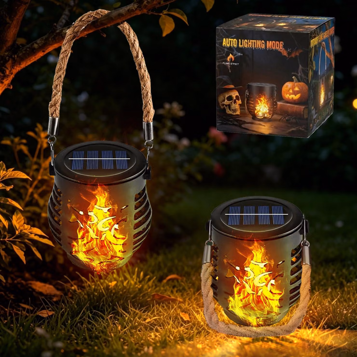 2 lanterne solari da esterno, decorazioni per Halloween, con luce LED a effetto fiamma