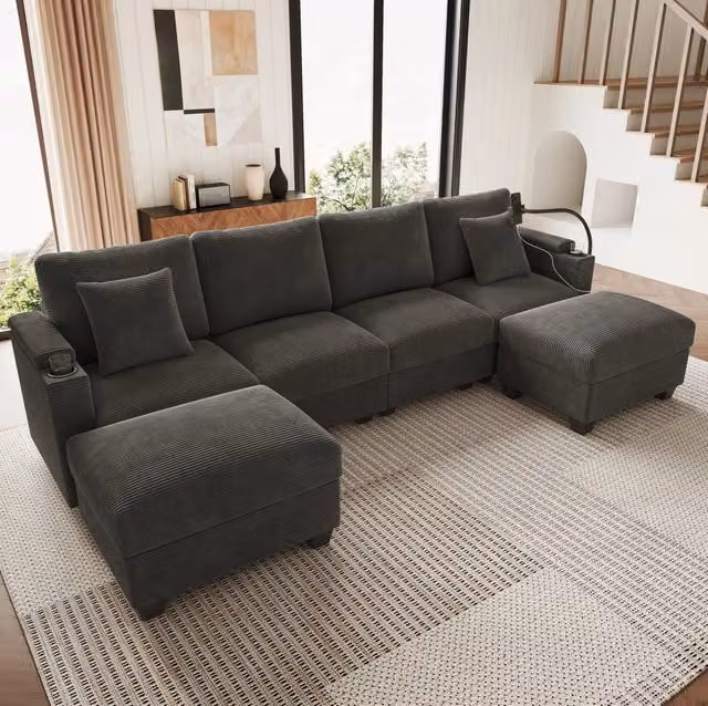 Divano modulare angolare in corduroy grigio 275;5 x 139 x 87 cm con USB e porta telefono