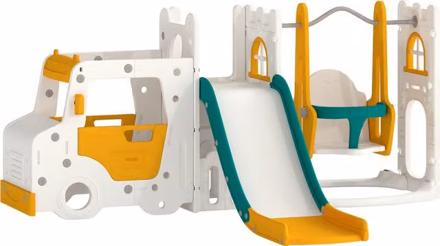 AIYAPLAY 7 in 1 Set Scivolo Bambini con Altalena, Tema Auto, Scaletta, Tunnel, Contenitore e Gradini Antiscivolo, Bianco   Aosom Italy