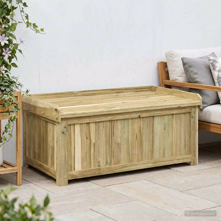 vidaXL Cassa per cuscini da esterno in legno di pino impregnato, stile rustico, marrone e verde, L: 104,0 cm, P: 60,0 cm, H: 47,0 cm
