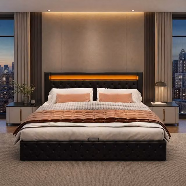 Letto contenitore imbottito 160x200 cm con LED; rete a doghe; PU nero