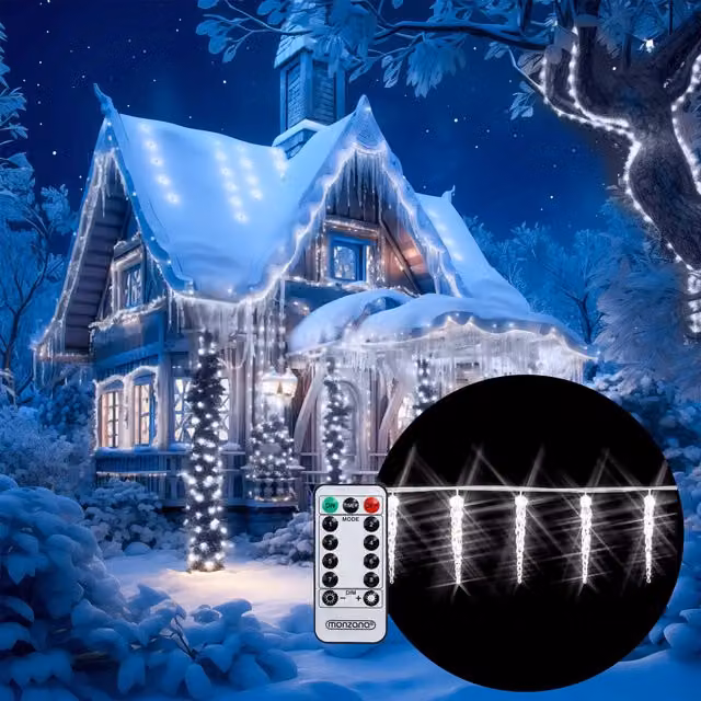 Luci di Natale Monzana con 80 Stalattiti LED e Telecomando, Colore Bianco, Lunghezza 13 m