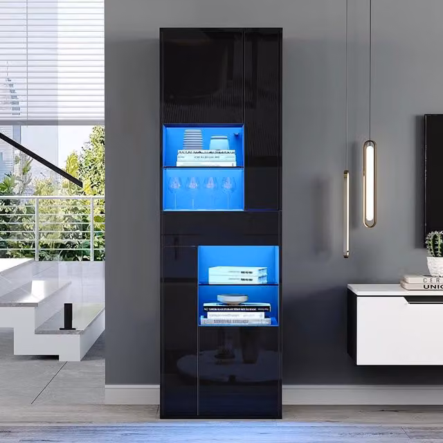 Vetrina esposizione 55x38x170 cm con LED - Xylo - 1 cassetto, 4 ante vetrate, design brillante, nero