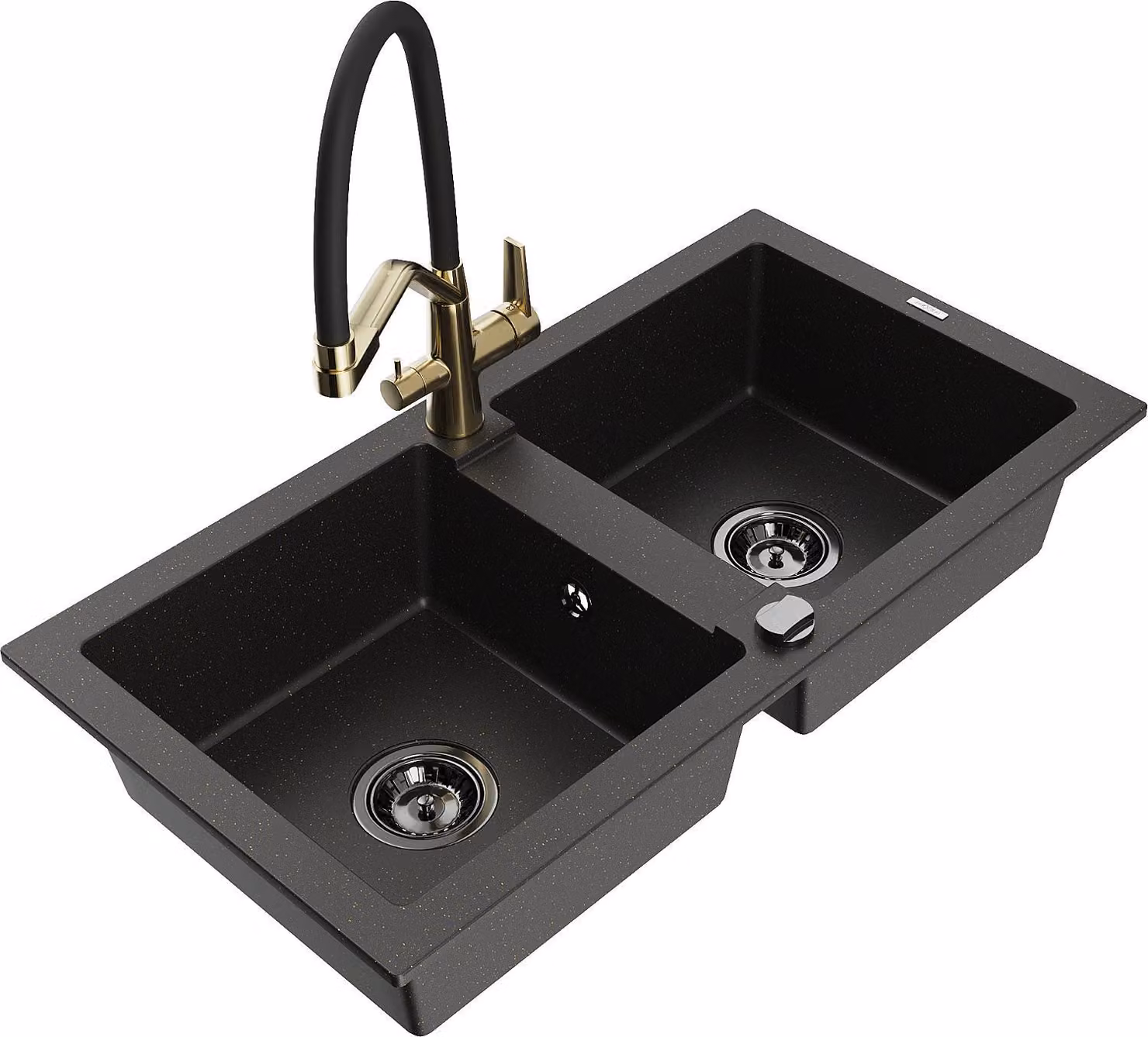Mexen Mario lavello da cucina in granito a 2 vasche con rubinetto Duo, nero/oro metallizzato - 6504-75-671701-57-B
