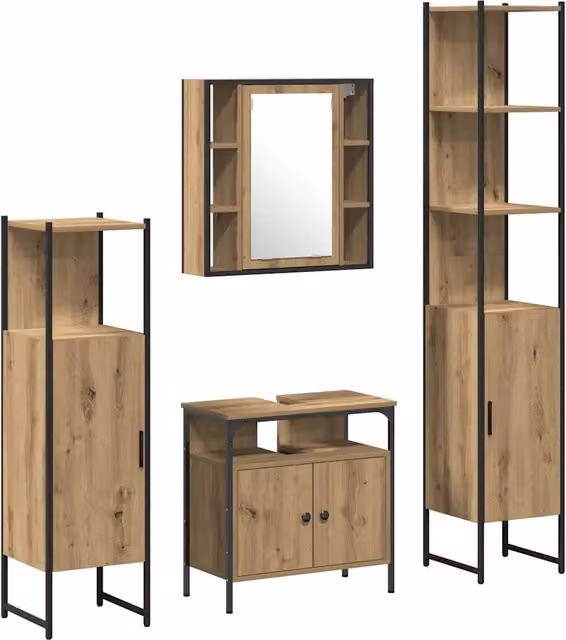 Set di mobili per il Bagno | Armadio da bagno con porta 4 pz Rovere artigianale