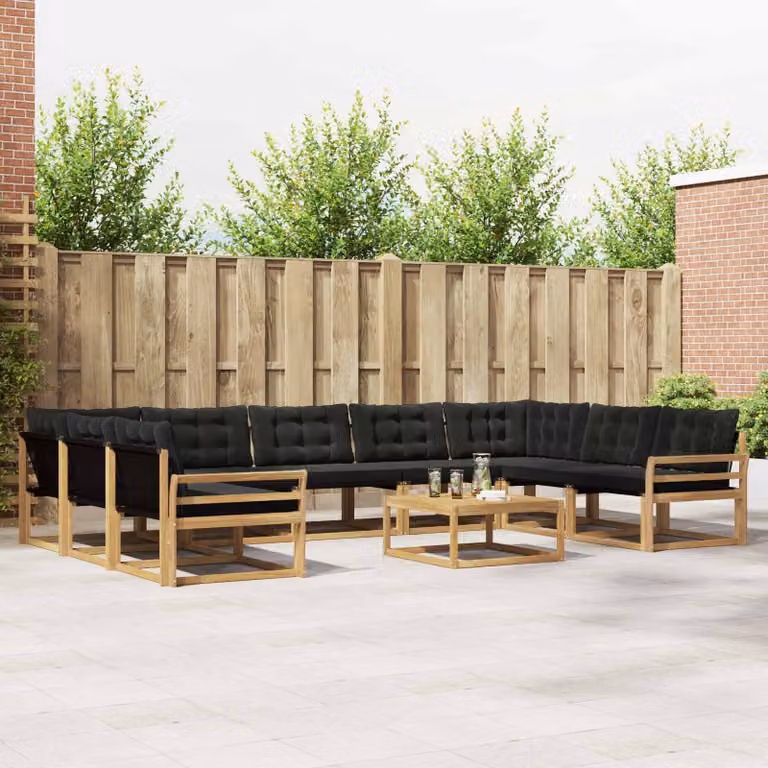Set di divani da esterno vidaXL a forma di U composto da 10 pezzi in legno di acacia e textilene, Bianco e Nero