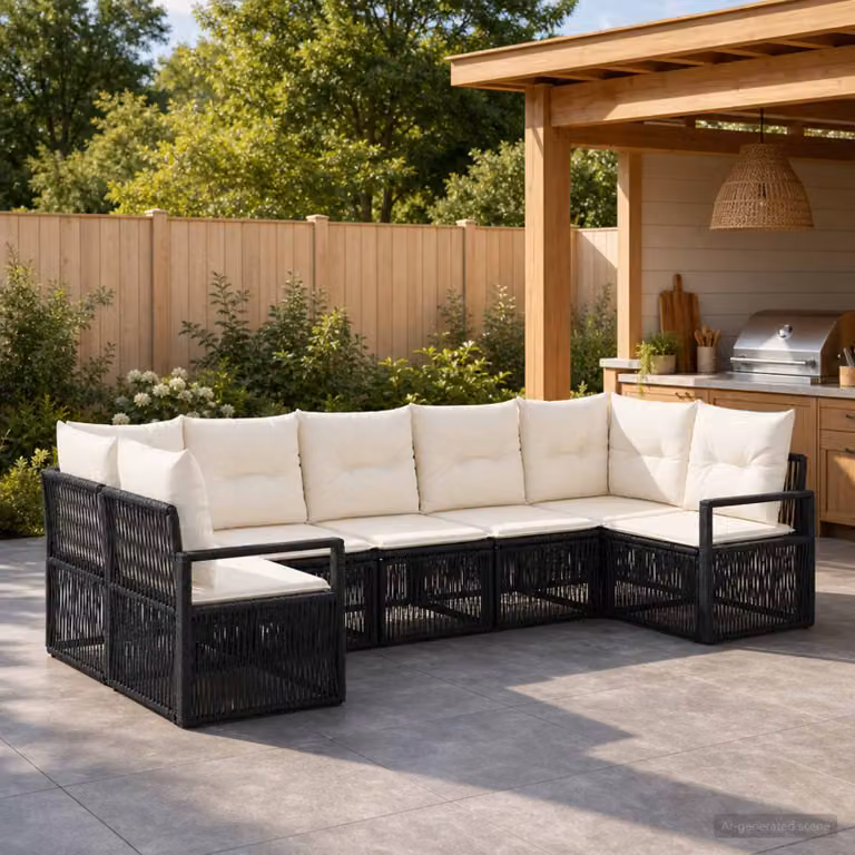 Set Divano da Giardino vidaXL a 7 posti in Polyrattan Nero con Cuscini e Struttura in Acciaio