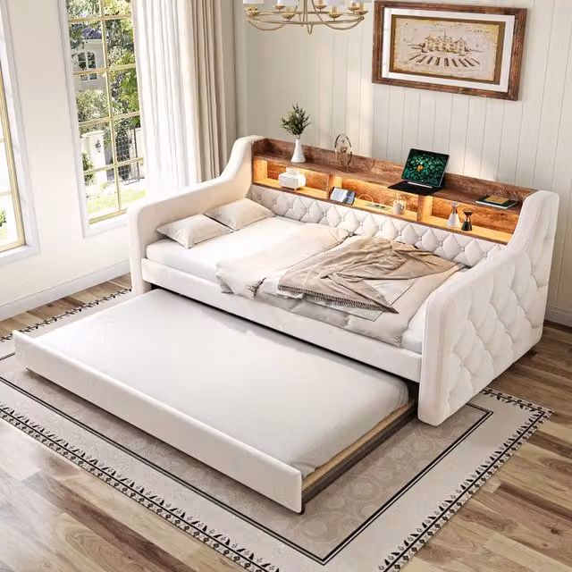 Letto Mivray con letto estraibile e ripiano integrato in velluto beige, dotato di illuminazione LED e porta USB-C, L/P/H: 90 x 190 x 75 cm