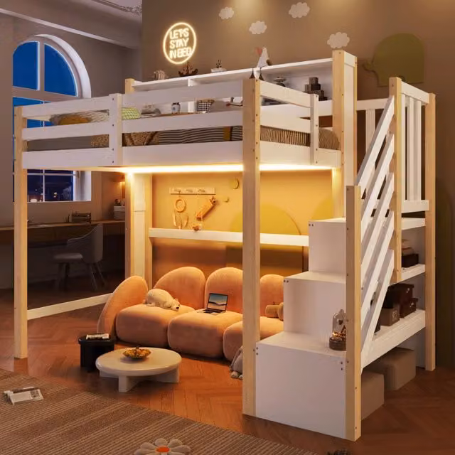 Letto a soppalco 90x200 cm con spazio sotto; scala contenitore e luci LED; bianco e legno naturale