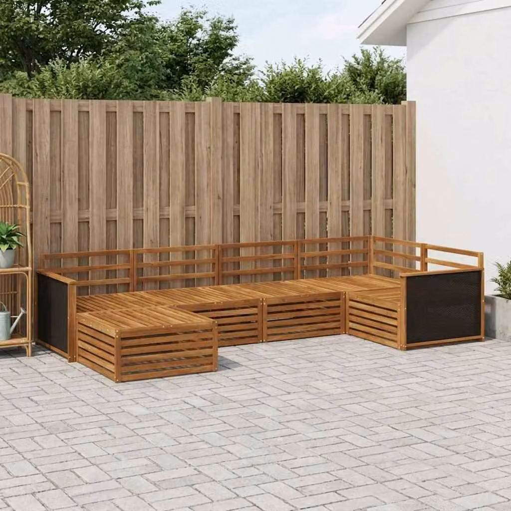 Set di divani da esterno vidaXL a forma di L in legno di acacia marrone, 6 pezzi con pouf inclusi