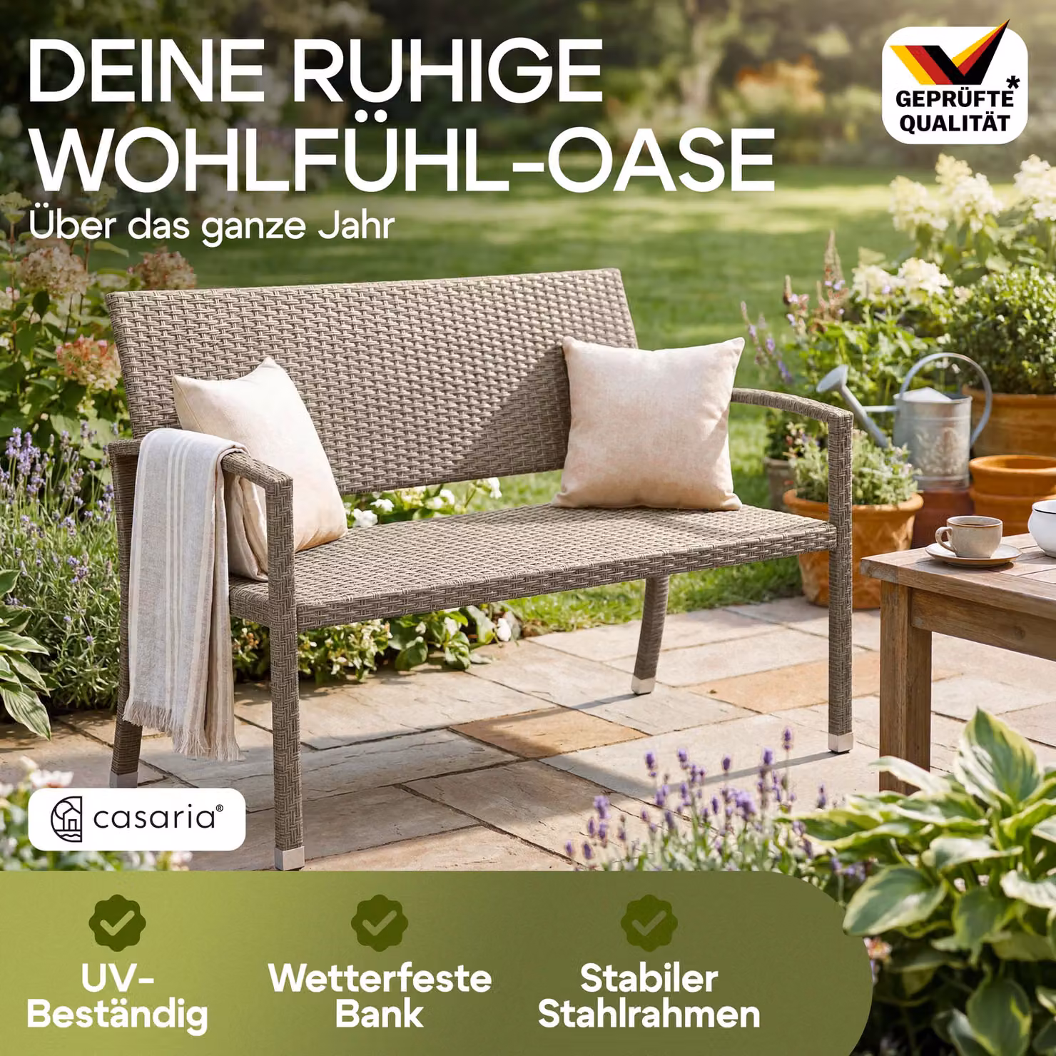 Panchina da giardino moderna Casaria in polyrattan beige con braccioli L: 122 cm, P: 55 cm, H: 90 cm – 2