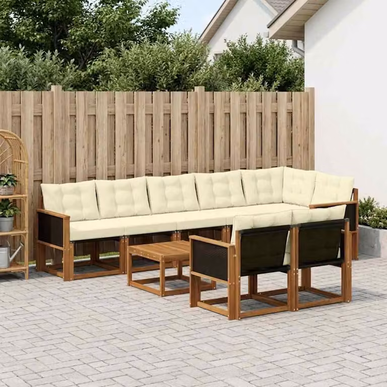 Set di divani da esterno vidaXL 9 pz in legno di acacia con tavolo da caffè e cuscini, colore beige e bianco