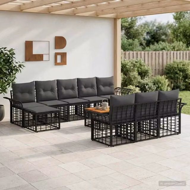 Set di divani da esterno 11 pz Nero e Grigio scuro Poliestere 3437779