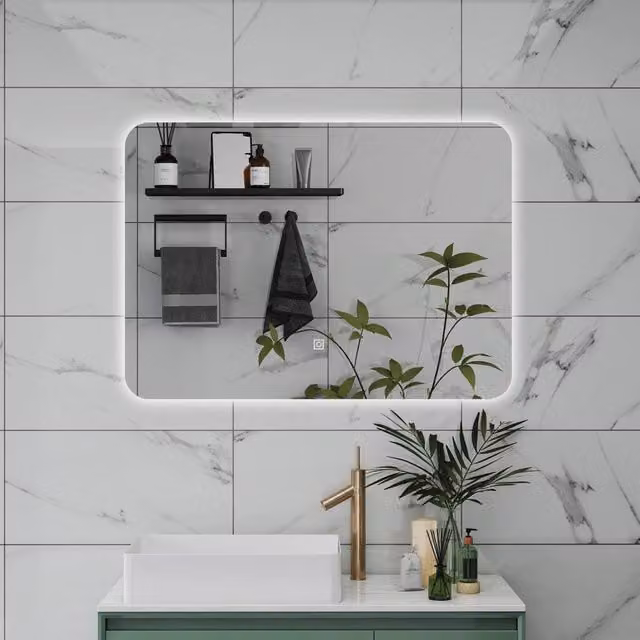 Specchio da bagno AICA rettangolare con luce LED dimmerabile, interruttore touch e funzione memoria, colore argento, L: 80 cm, H: 60 cm