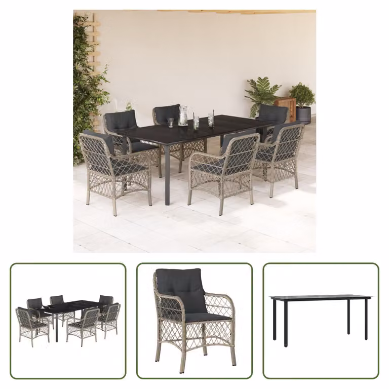 The Living Store Set da pranzo da giardino 7 pezzi con cuscini in poly rattan grigio chiaro