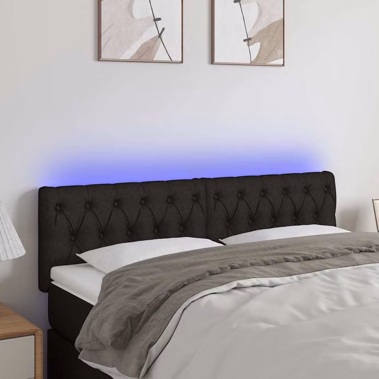 Testiera per letto vidaXL in tessuto nero con illuminazione LED e porta di ricarica USB, L 144 cm, P 7 cm, H 78-88 cm