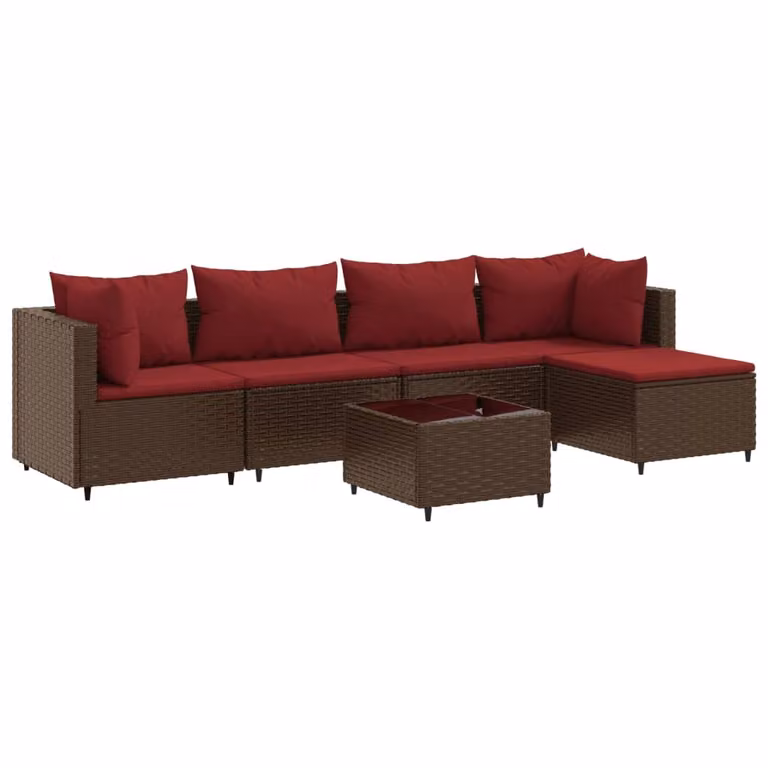 Set Mobili da Giardino 6pz con Cuscini in Polyrattan Marrone