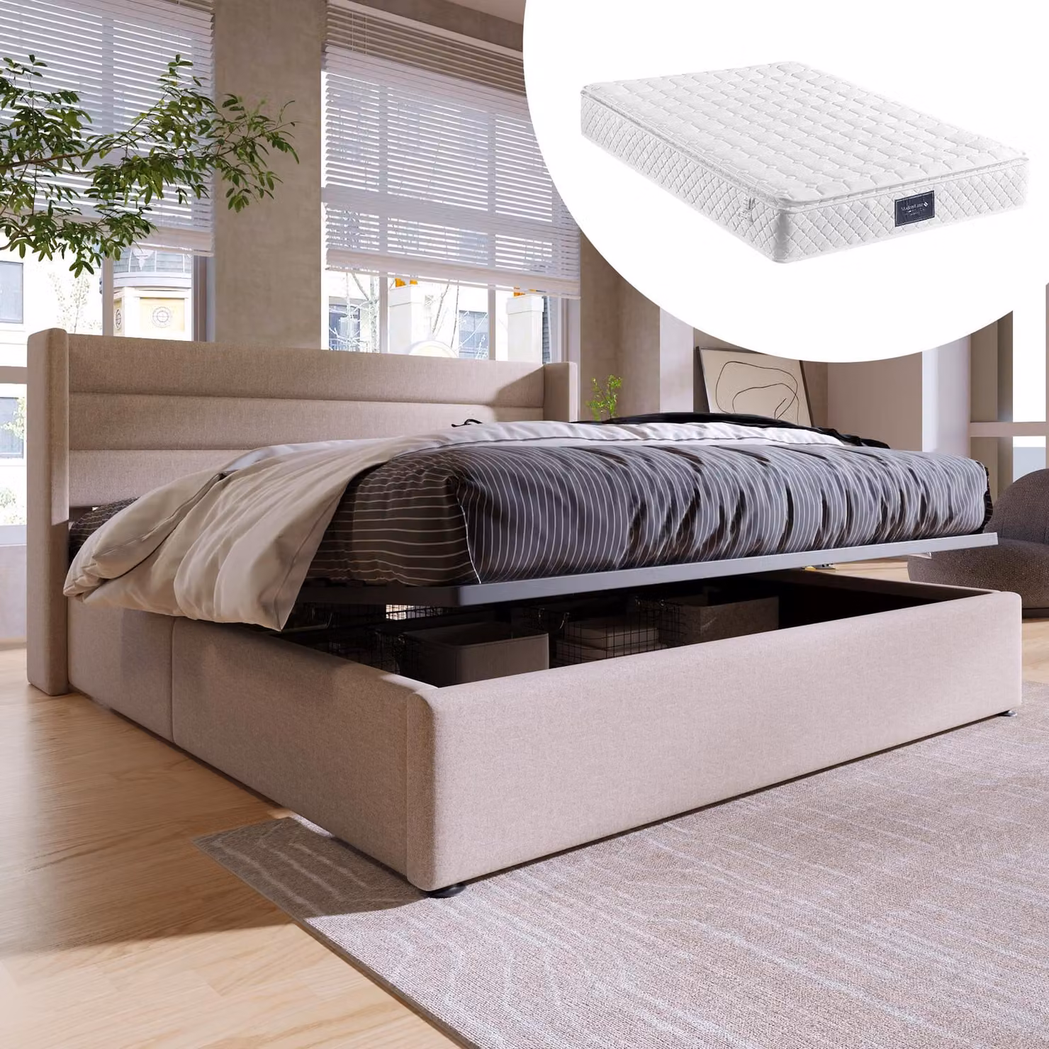 letto imbottito okwish letto matrimoniale idraulico 140x200cm, letto con doghe in legno, letto con doghe in metallo, biancheria da letto, beige (con materasso)