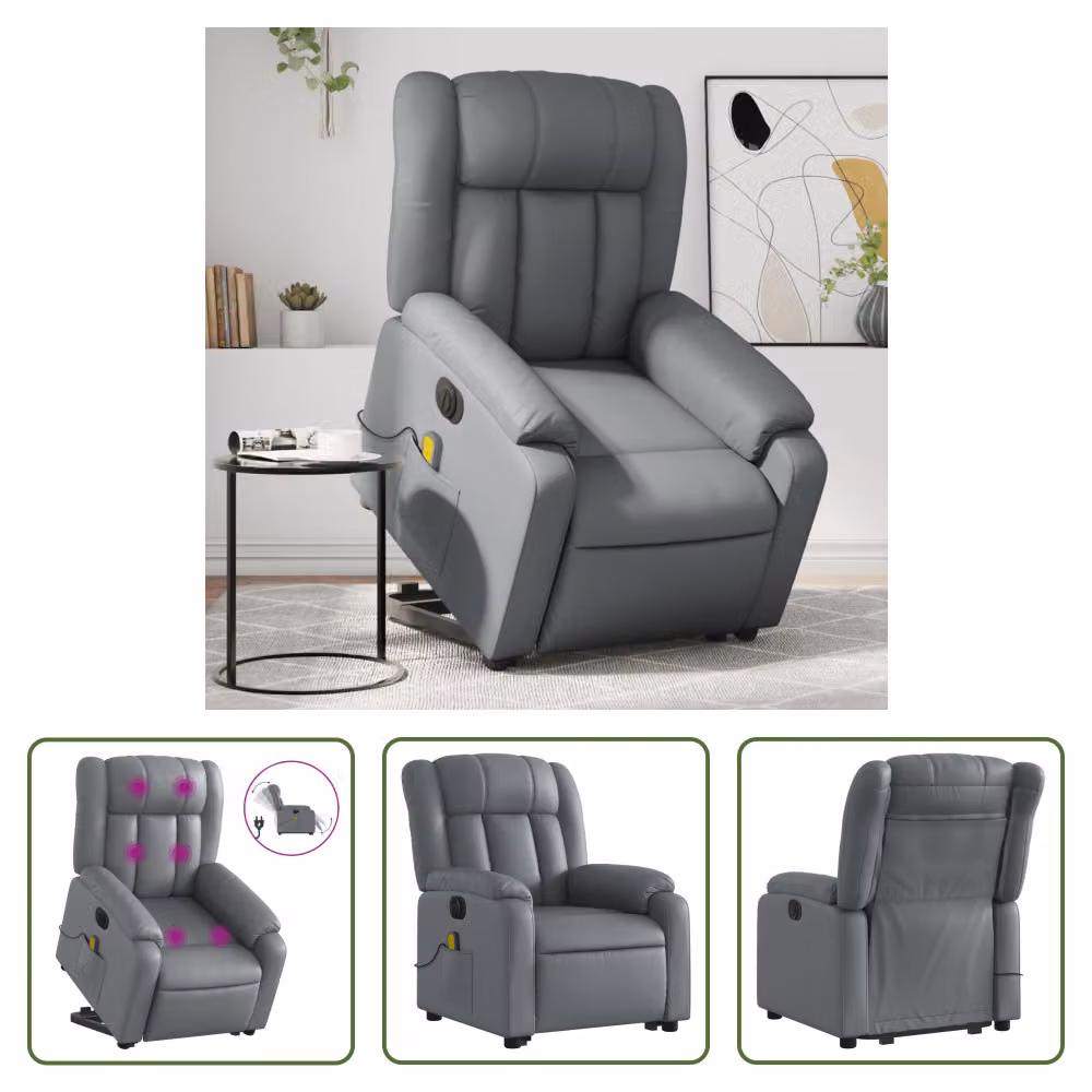 The Living Store Sedia massaggiante con supporto in piedi elettrica in ecopelle grigia