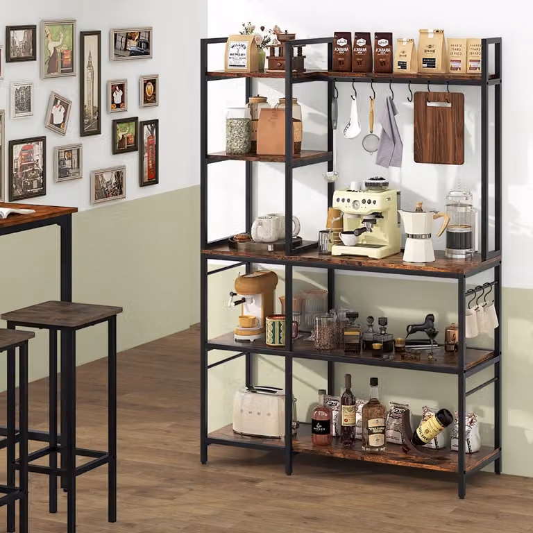 Costway Scaffale da cucina con prese di corrente e 5 ripiani, Tavolo bar in metallo e legno Marrone rustico, L 107 cm x P 37 cm x H 160 cm