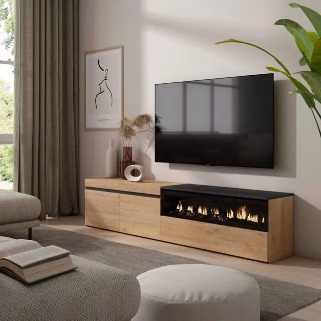 Mobile TV, 200x35x45cm, soggiorno, Per TV fino a 80", Camino elettrico, colore Rovere e nero RF2157