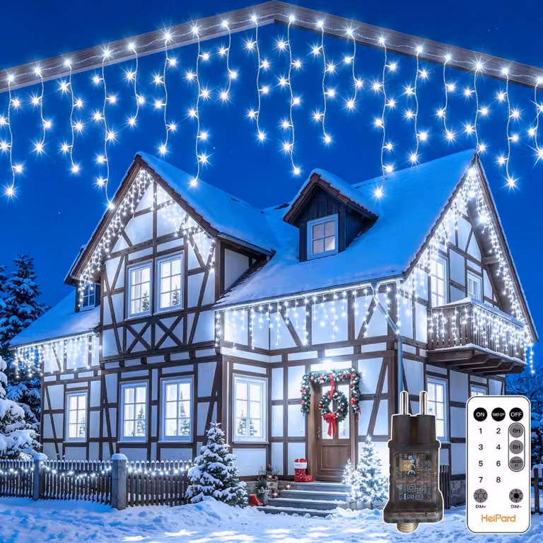 Catena luminosa a forma di ghiaccioli, 360 LED, 9 metri, luce bianca fredda