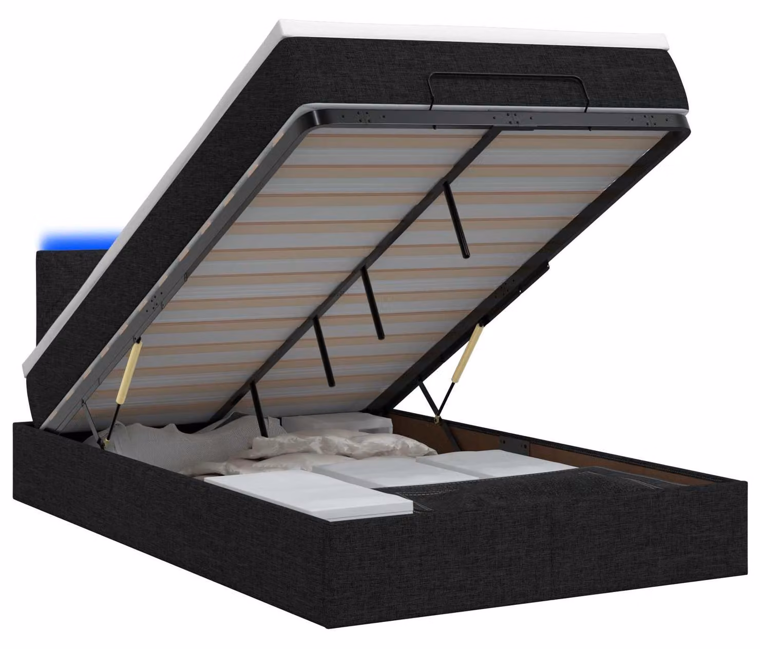 Panca contenitore con materasso e luci LED, colore nero, 120 x 190 cm, rivestita in tessuto