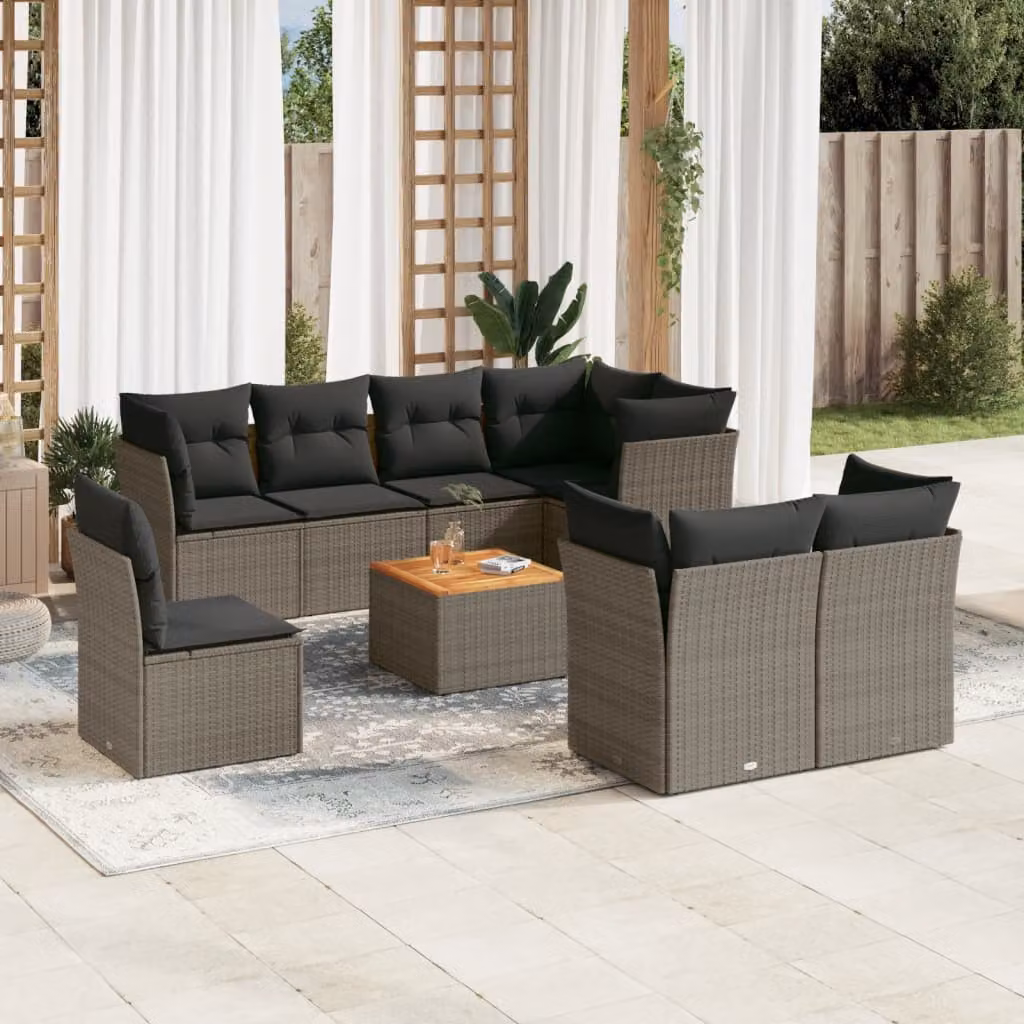 vidaXL Set Divano da Giardino a L in Polyrattan Grigio con Cuscini e Tavolino da Esterno – 1