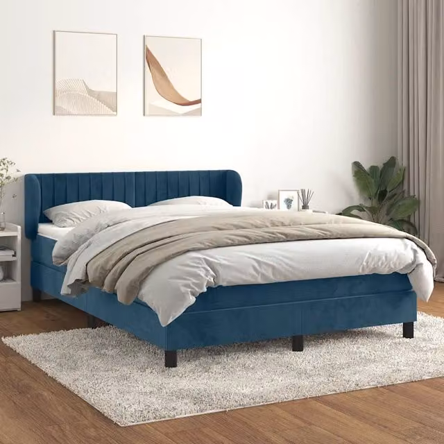 Letto Ibrido vidaXL con Giroletto a Molle e Materasso in Velluto Blu e Bianco, Struttura in Legno di Larice e Metallo, L/P/H: 200 x 140 x 203 cm