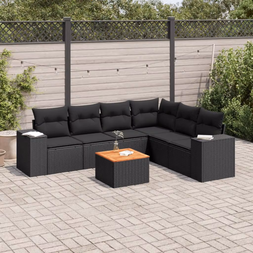 Set di Divani da Giardino a L vidaXL in Polyrattan Nero con 7 Pezzi e Cuscini Imbottiti – 1