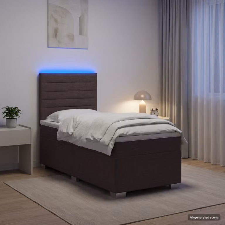 Letto box spring con materasso vidaXL in tessuto con illuminazione sottostante e porta USB, Marrone Scuro, L/P: 190 x 90 cm
