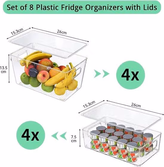 Set di 8 pezzi di contenitori organizzatori per frigorifero Yocool in plastica trasparente, impilabili e senza BPA