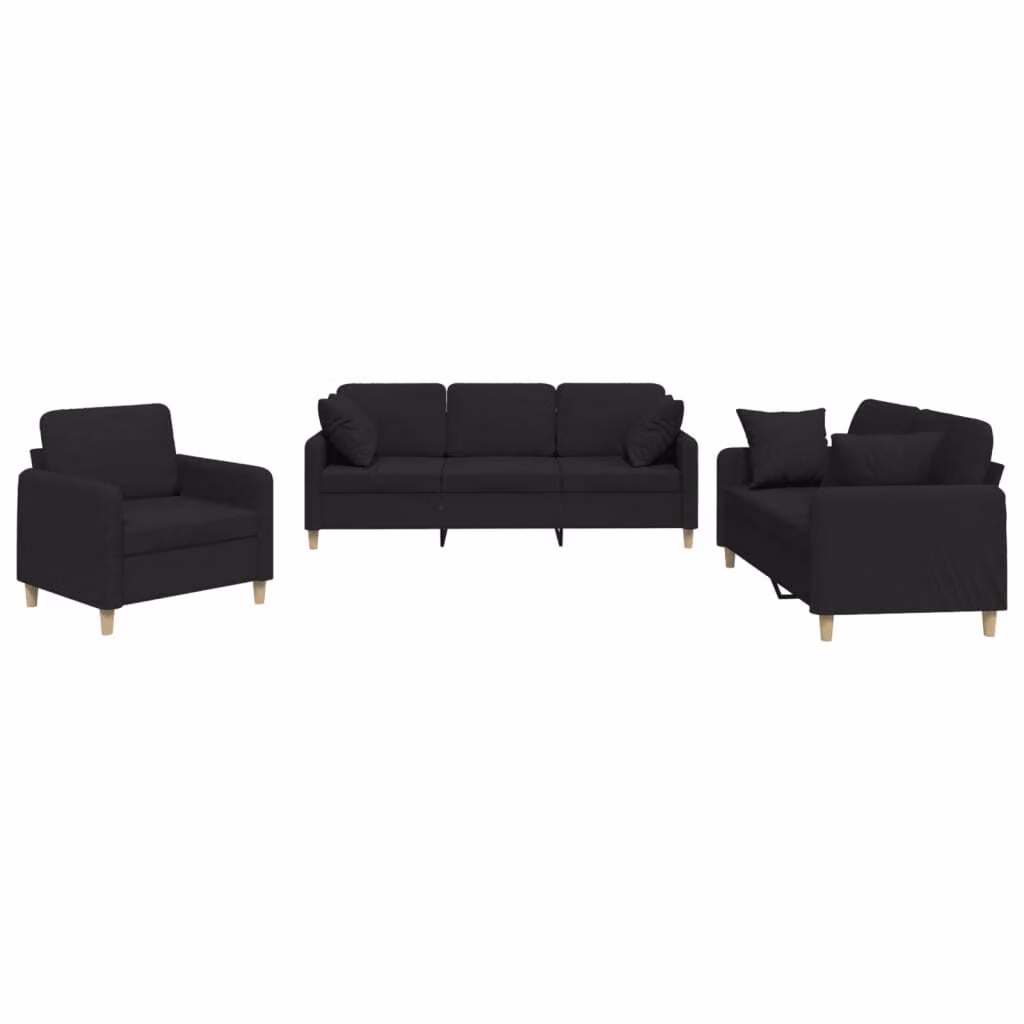Set Divani 3 pz con Cuscini Nero in Tessuto