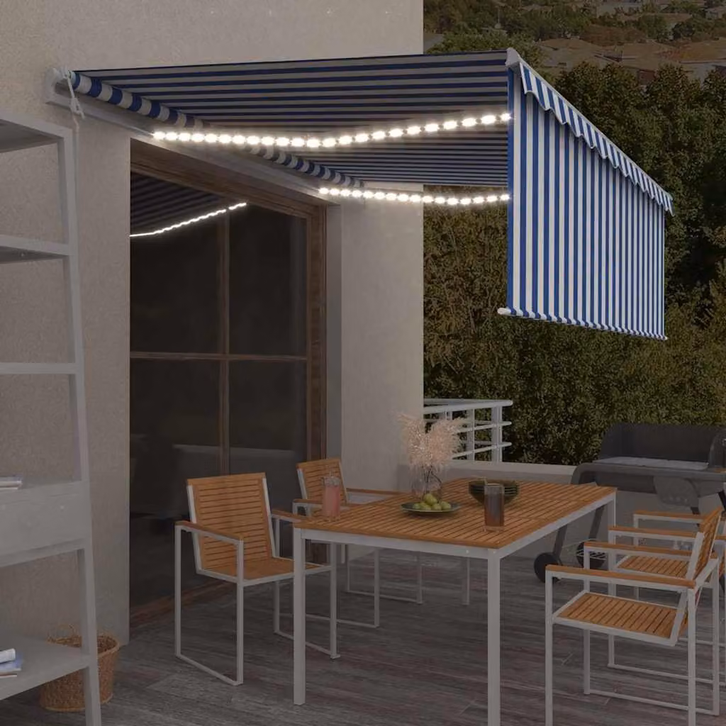 vidaXL Tenda Automatica Parasole con LED, Sensore Vento e Telecomando, Blu e Bianco, L: 4,5 m x P: 3 m