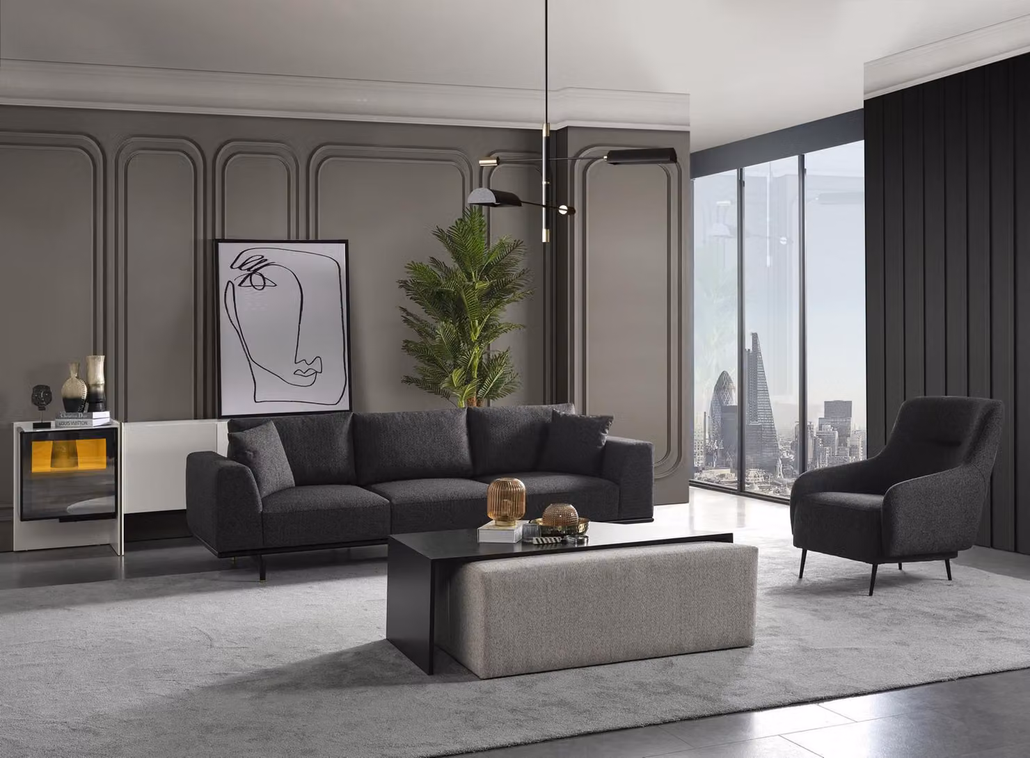 Sofagarnitur Sofa 4 Sitzer Viersitzer Sessel Set Stoff Modern Grau
