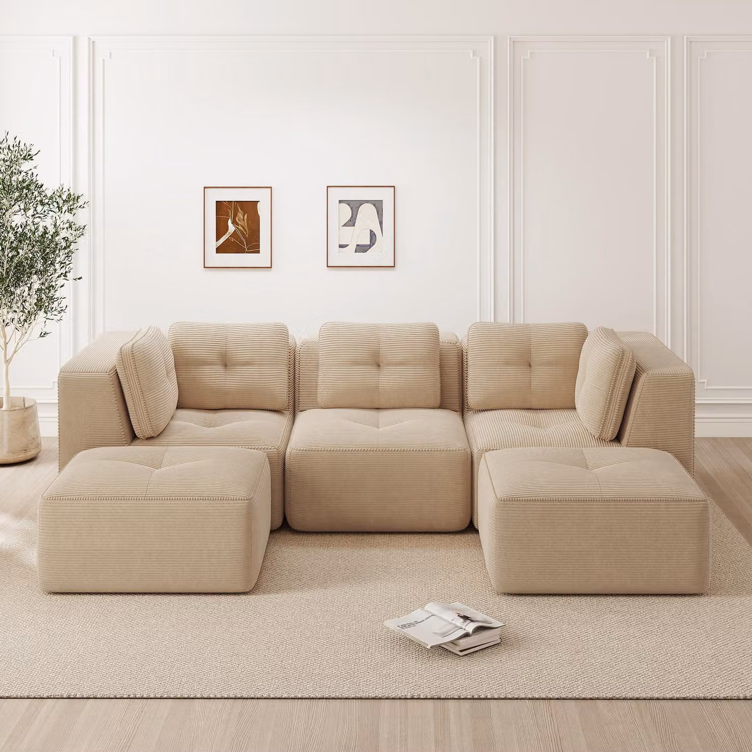 Divano angolare a forma di U, beige, modulare, in corda, con poggiapiedi, divano componibile da 3 posti con seduta profonda, senza struttura, da assemblare, dimensioni 297x177x69 cm