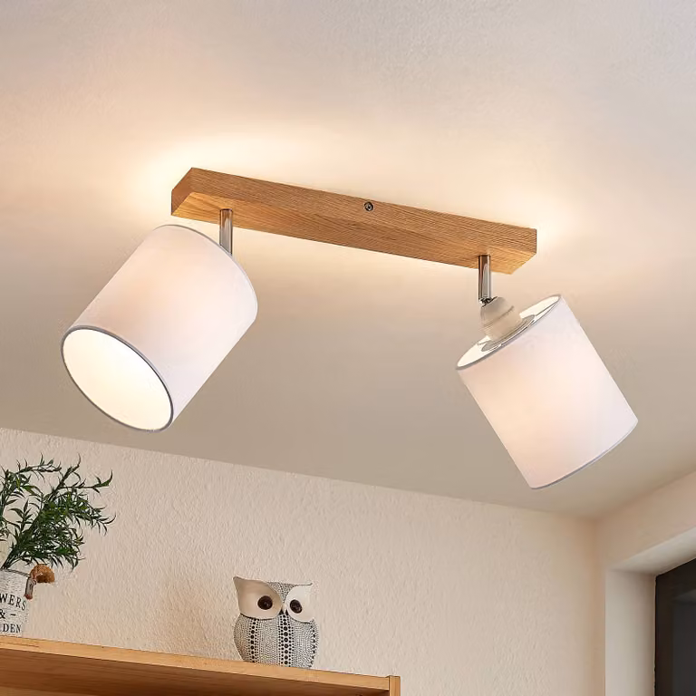 Faretto da soffitto Lindby Imarin, a 2 luci, rovere/bianco Imarin Lindby, dimmerabile, Legno chiaro, Soggiorno / Sala da pranzo, Legno, Scandinavo, Faretto